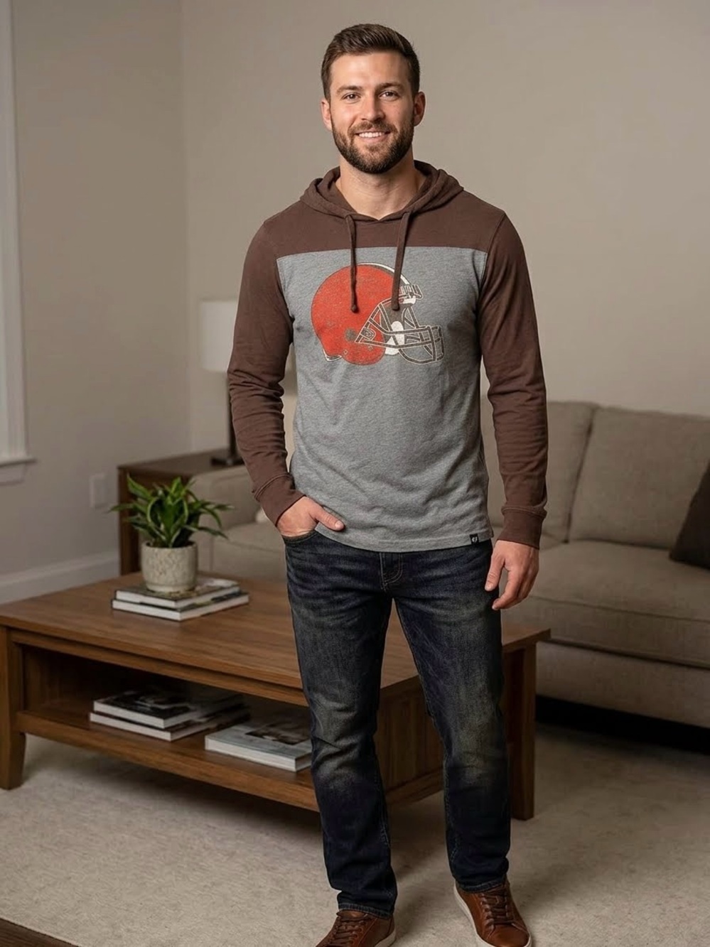 Cleveland Browns Heathered Gray/Brown Long Sleeve Hoodie T-Shirt - Picture 4 of 6